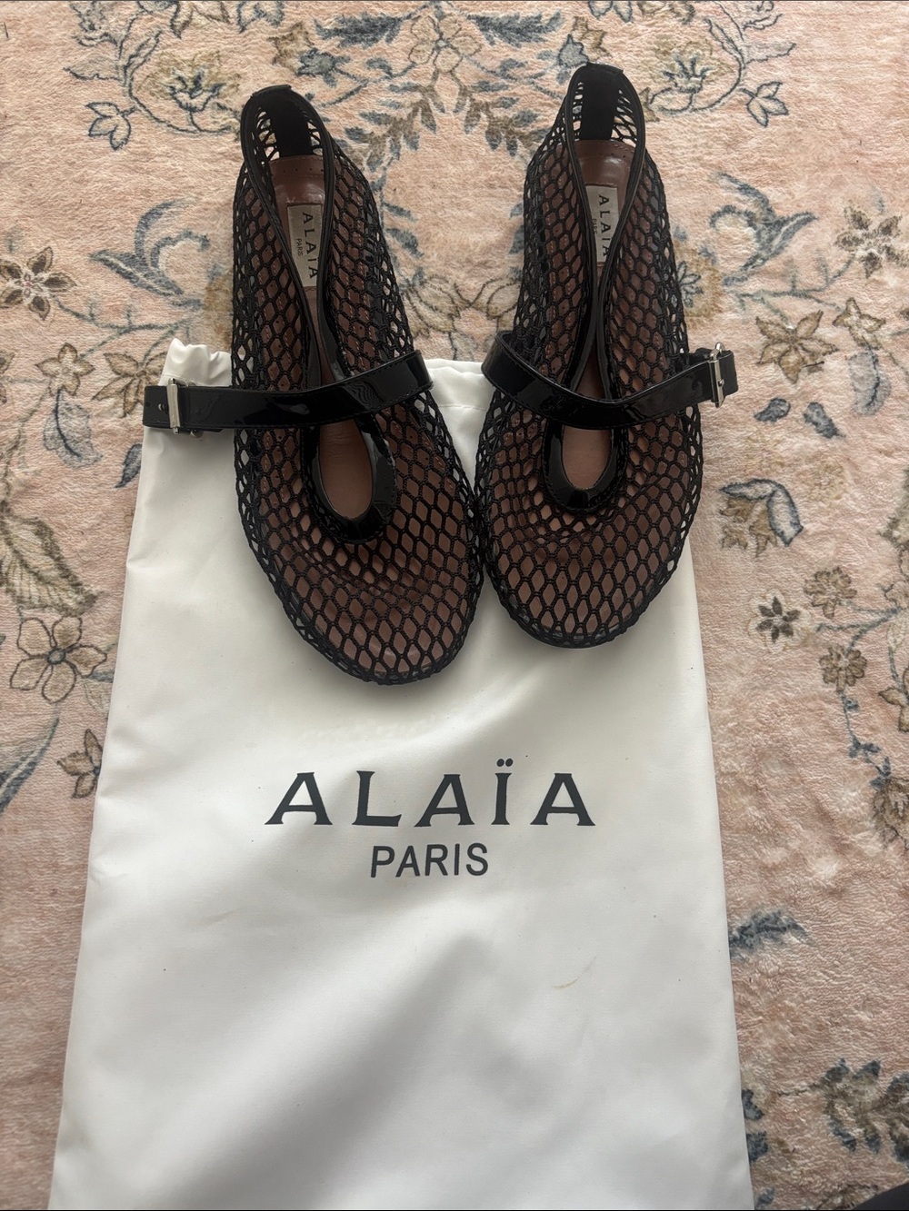 Alaïa Black Mesh Mary Jane Flats with Patent Strap